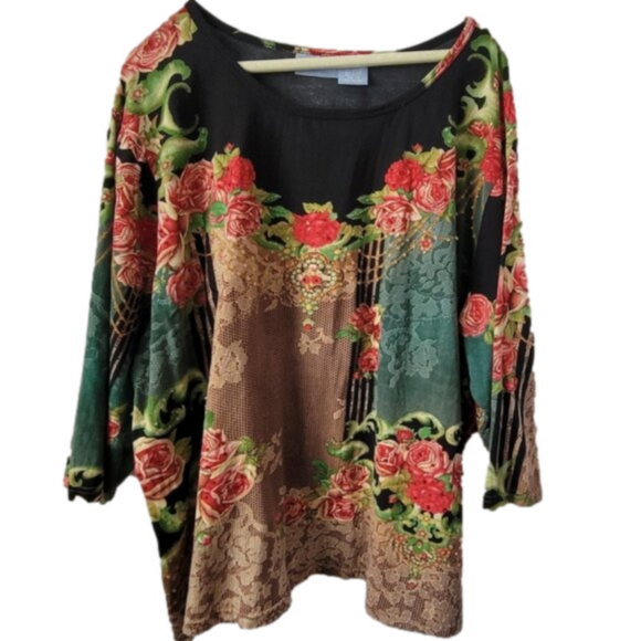 Liz & Me Tops - Liz & Me 2X Plus floral beaded top Red Roses Cotton pullover 3/4 sleeves EXC
